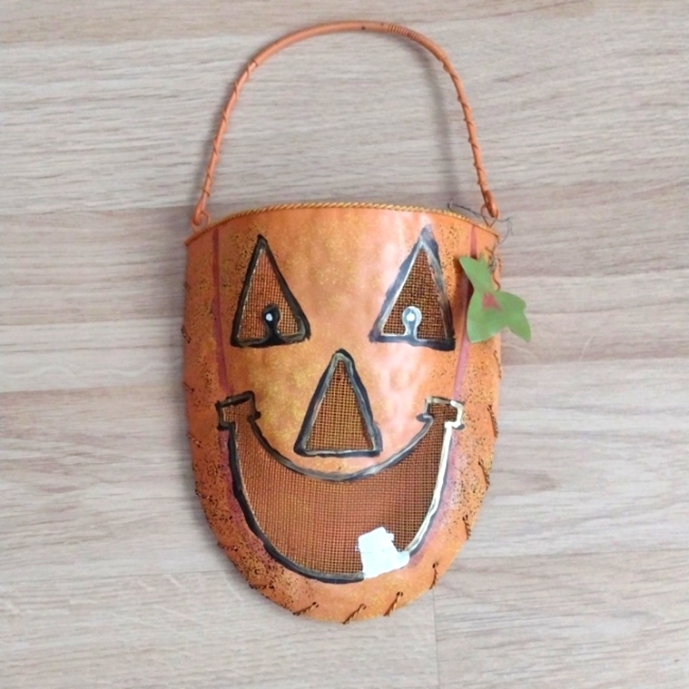 Pumpkin Wall Pocket Decoration 13" Tall Metal Works Vintage